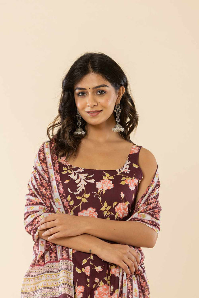 Brown Floral print Cotton Kurti Pant Set