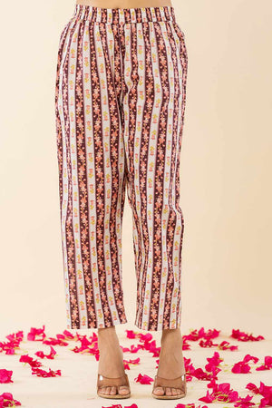 Brown Floral print Cotton Kurti Pant Set