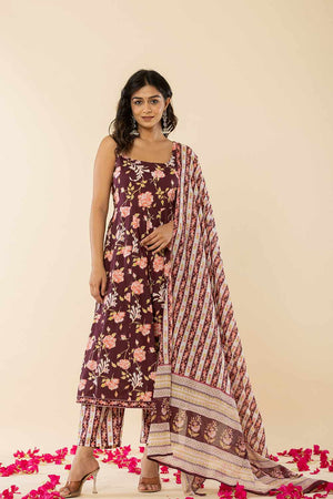 Brown Floral print Cotton Kurti Pant Set