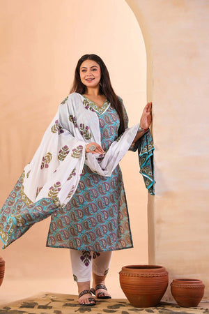 Blue Paisley Printed Cotton Straight Cut Suit Set