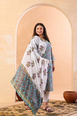 Blue Paisley Printed Cotton Straight Cut Suit Set