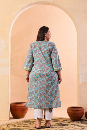 Blue Paisley Printed Cotton Straight Cut Suit Set