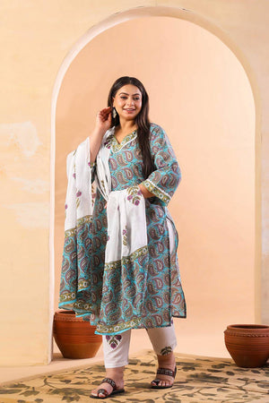 Blue Paisley Printed Cotton Straight Cut Suit Set