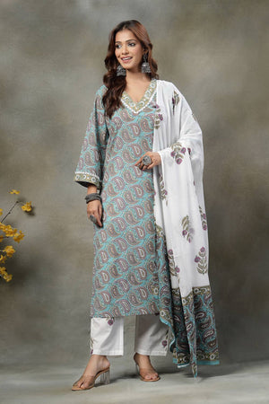 Blue Paisley Printed Cotton Straight Cut Suit Set