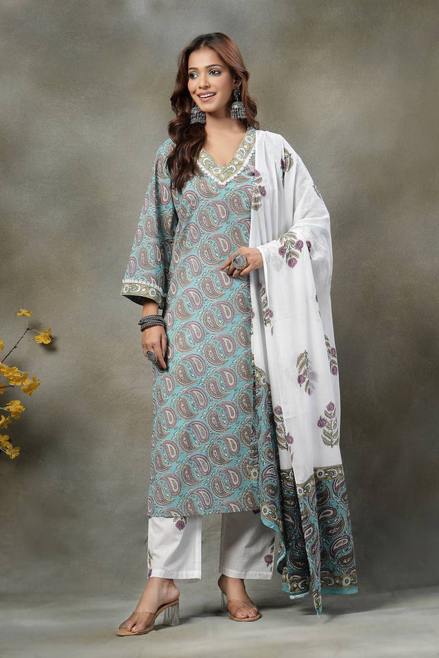 Blue Paisley Printed Cotton Straight Cut Suit Set