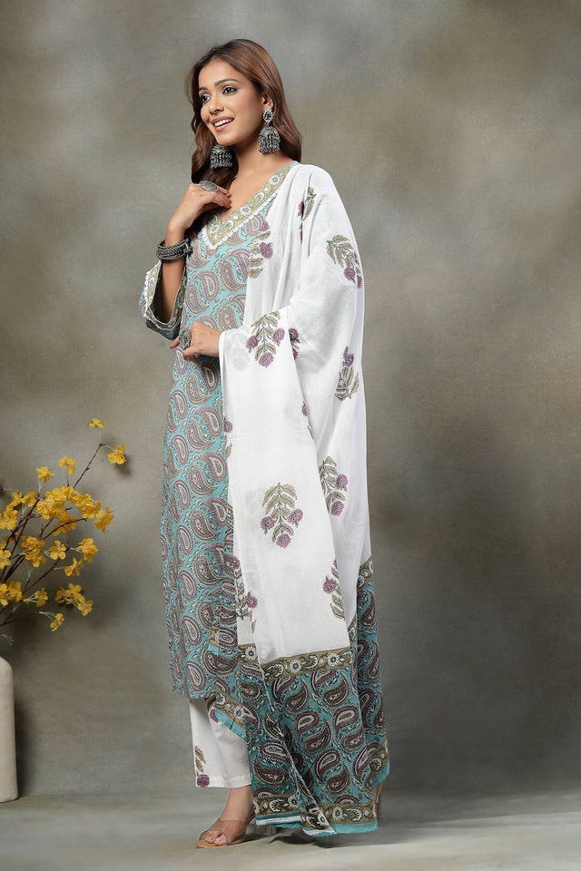 Blue Paisley Printed Cotton Straight Cut Suit Set