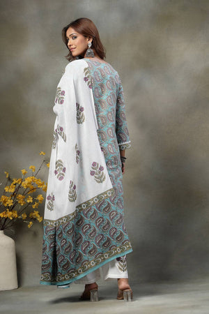 Blue Paisley Printed Cotton Straight Cut Suit Set