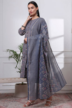 Grey Floral Printed Cotton Straight Cut Suit Set