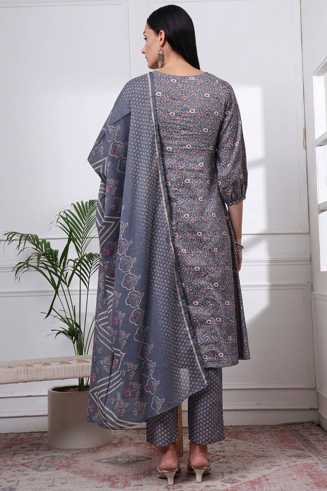 Grey Floral Printed Cotton Straight Cut Suit Set
