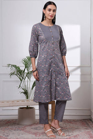 Grey Floral Printed Cotton Straight Cut Suit Set
