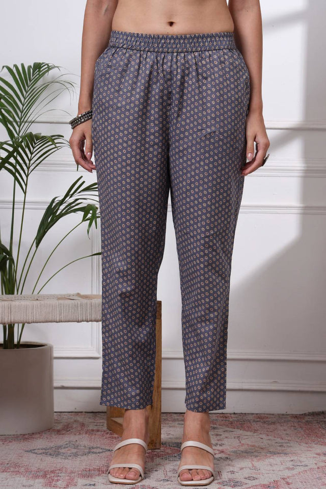 Grey Floral Printed Cotton Straight Cut Suit Set