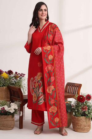 Red Floral Solid Silk Kurti Pant Set