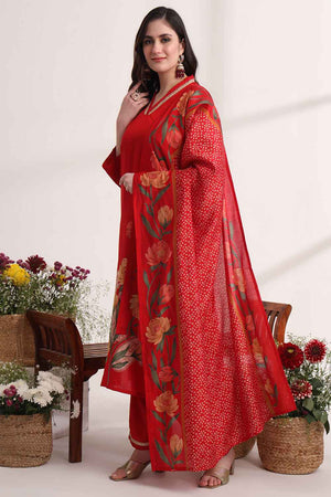 Red Floral Solid Silk Kurti Pant Set