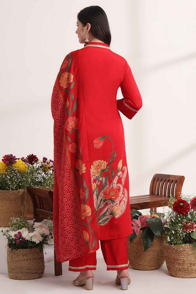 Red Floral Solid Silk Kurti Pant Set