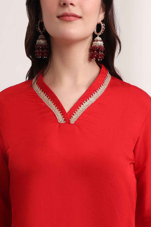 Red Floral Solid Silk Kurti Pant Set