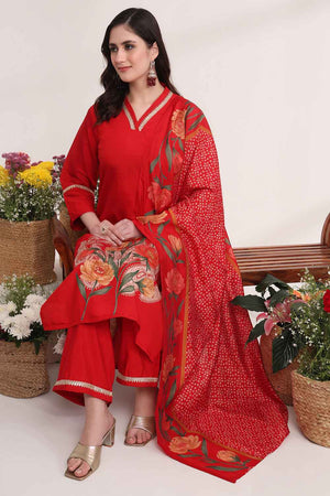 Red Floral Solid Silk Kurti Pant Set