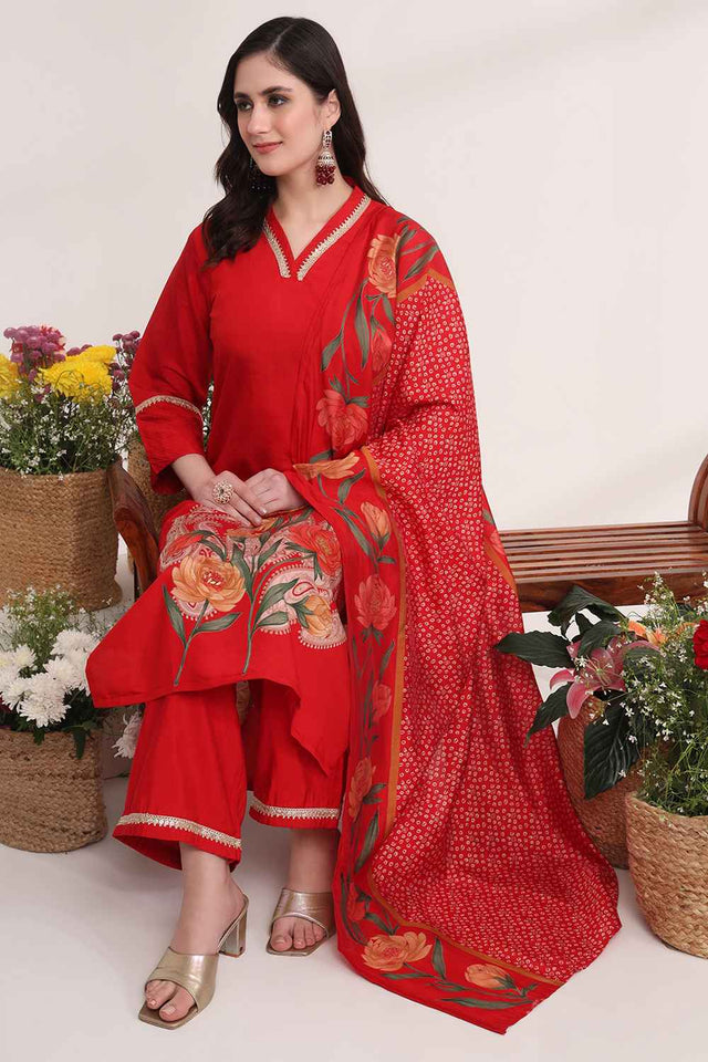 Red Floral Solid Silk Kurti Pant Set