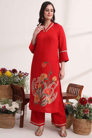 Red Floral Solid Silk Kurti Pant Set
