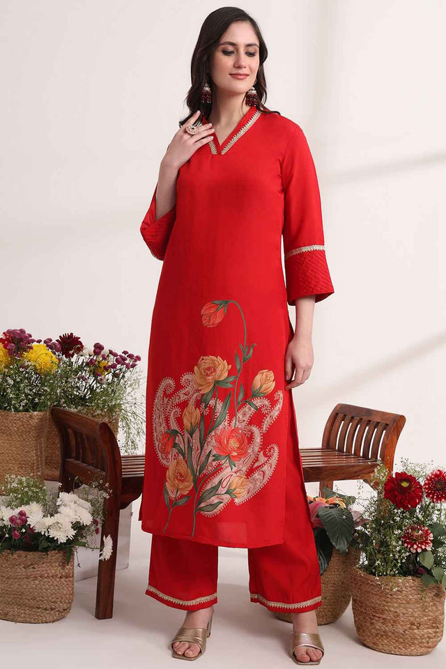 Red Floral Solid Silk Kurti Pant Set