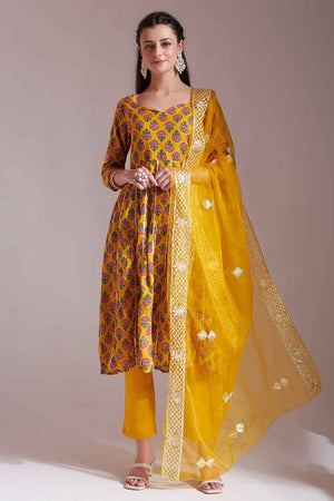 mustard Floral Printed Cotton Anarkali Suit Set