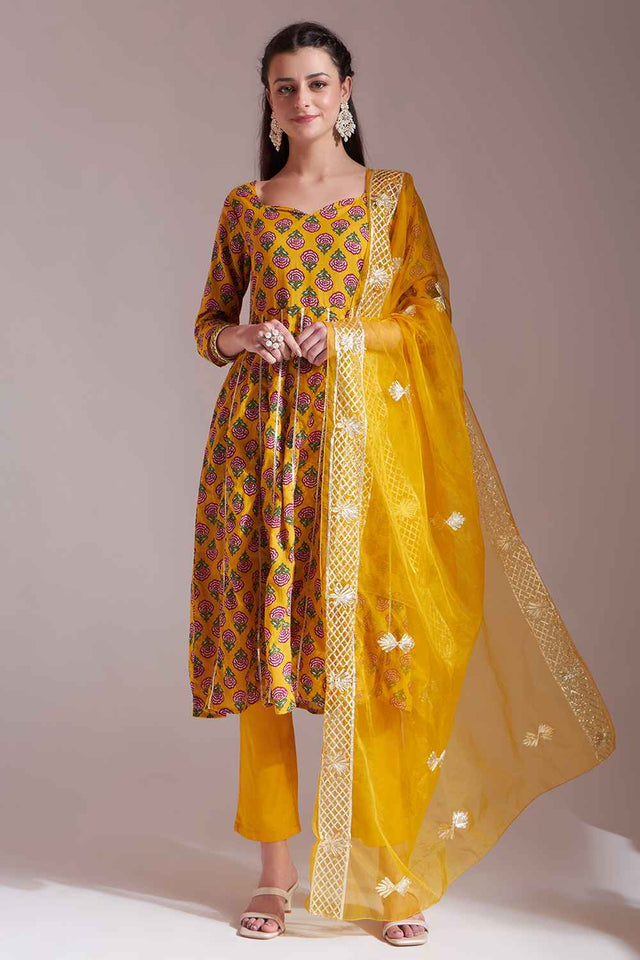 mustard Floral Printed Cotton Anarkali Suit Set