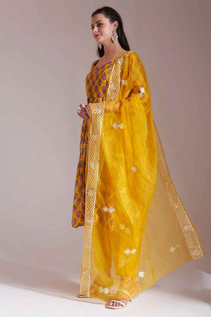 Mustard Floral Printed Cotton Anarkali Suit Set