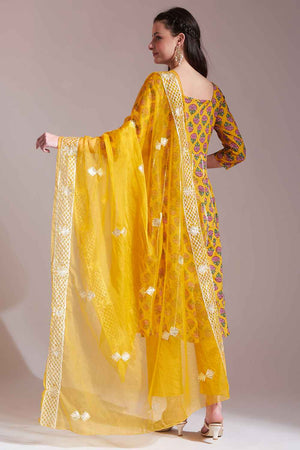 Mustard Floral Printed Cotton Anarkali Suit Set