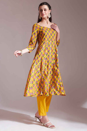 mustard Floral Printed Cotton Anarkali Suit Set