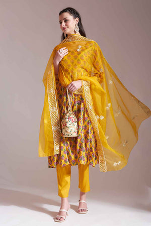 mustard Floral Printed Cotton Anarkali Suit Set