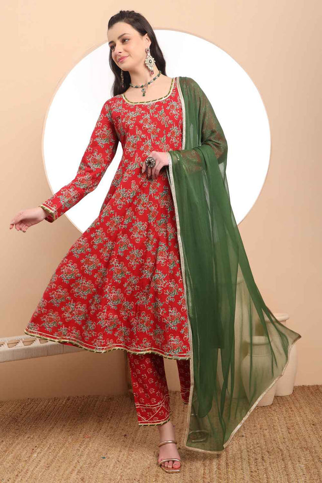 Red Floral Printed Cotton Anarkali Suit Set