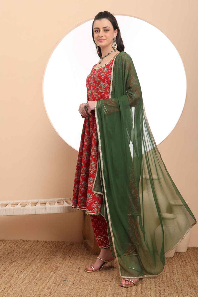 Red Floral Printed Cotton Anarkali Suit Set
