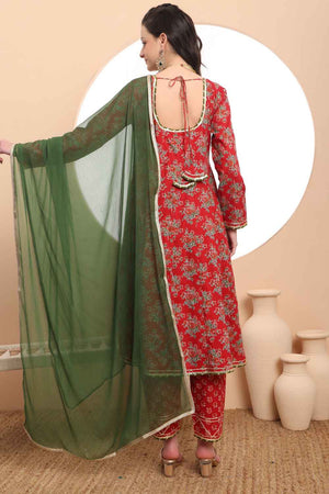 Red Floral Printed Cotton Anarkali Suit Set