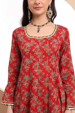 Red Floral Printed Cotton Anarkali Suit Set