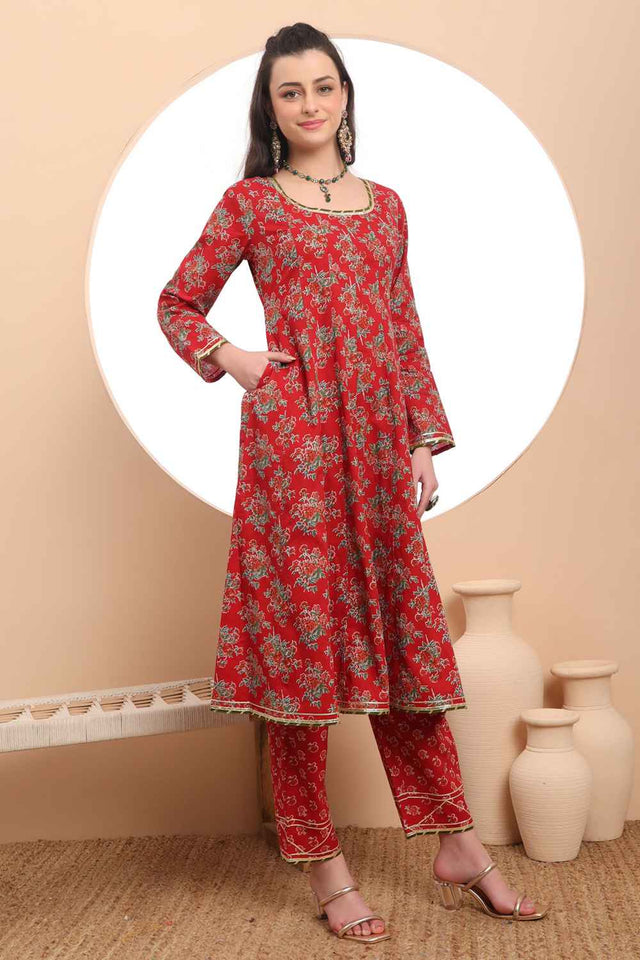 Red Floral Printed Cotton Anarkali Suit Set