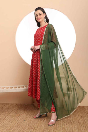 Red Floral Printed Cotton Anarkali Suit Set