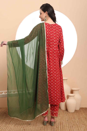 Red Floral Printed Cotton Anarkali Suit Set