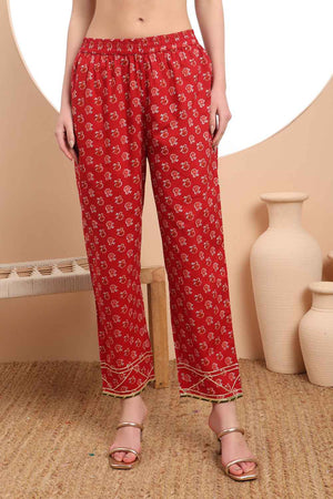 Red Floral Printed Cotton Anarkali Suit Set