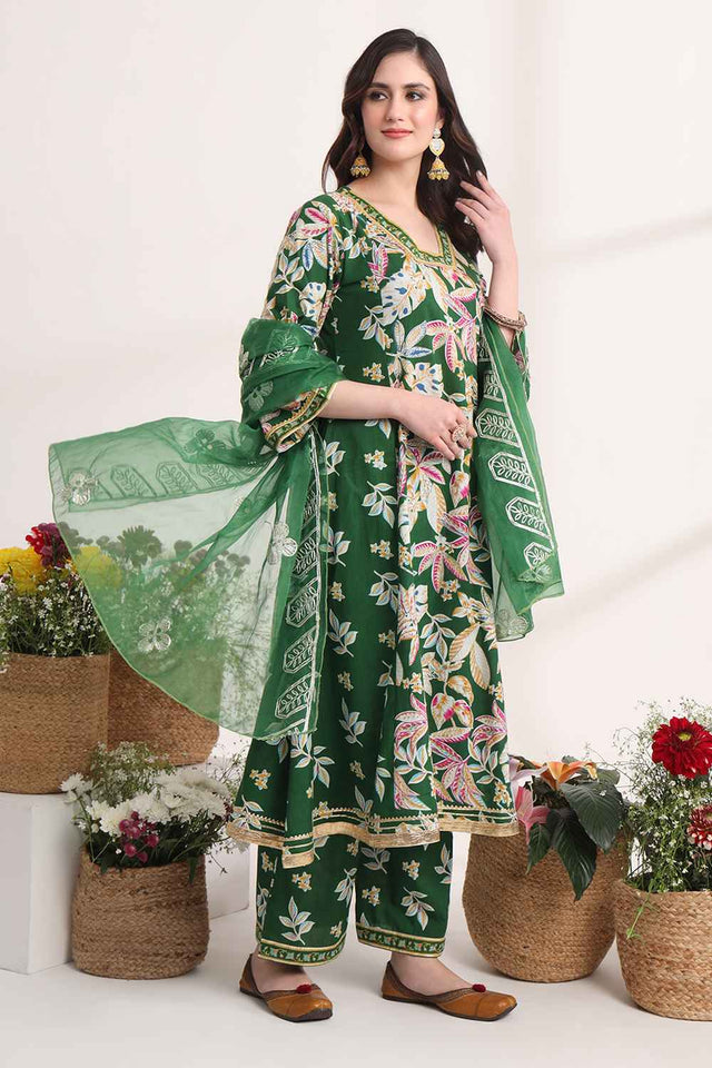 Green Floral Printed Cotton Kurti Pant Set