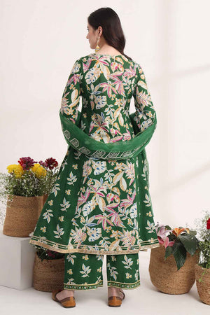 Green Floral Printed Cotton Kurti Pant Set