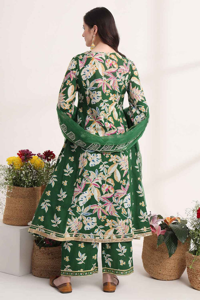 Green Floral Printed Cotton Kurti Pant Set