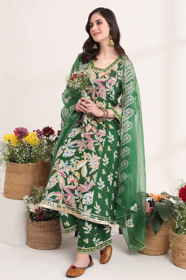 Green Floral Printed Cotton Kurti Pant Set