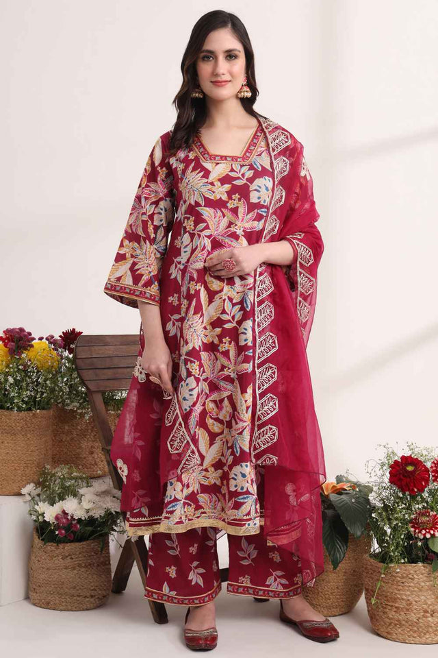 Violet Floral Printed Cotton Kurti Pant Set (6095SKDPR)
