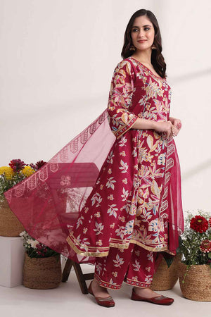 Violet Floral Printed Cotton Kurti Pant Set (6095SKDPR)