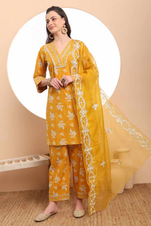Mustard Floral Print Cotton Kurti Pant Set