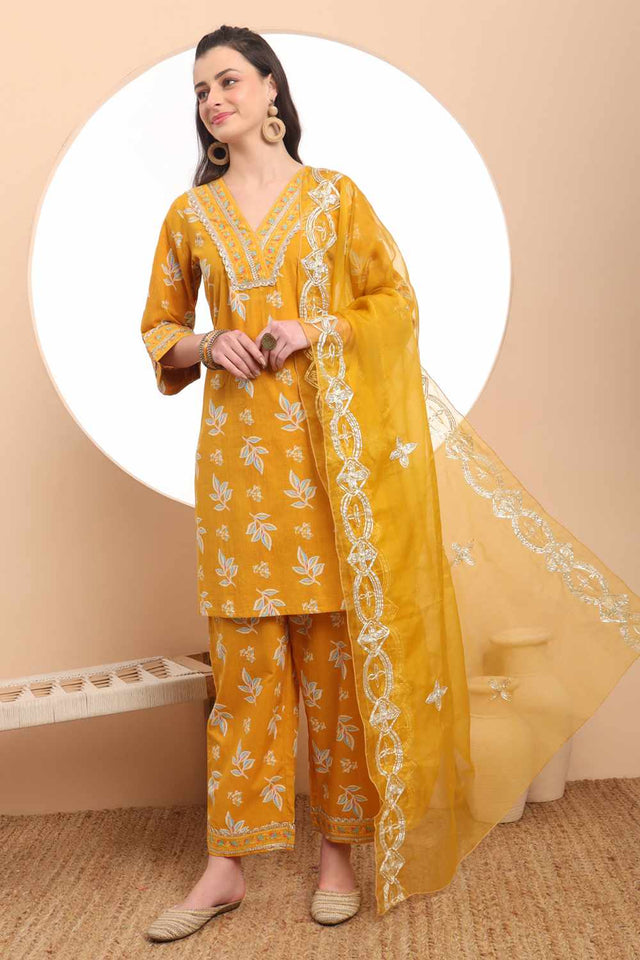 Mustard Floral Print Cotton Kurti Pant Set