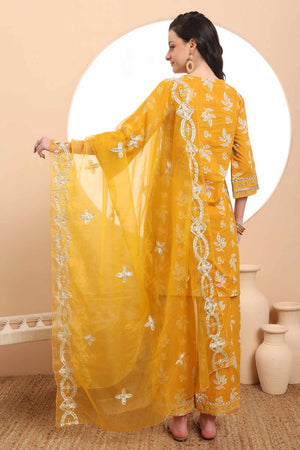 Mustard Floral Print Cotton Kurti Pant Set