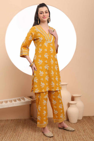 Mustard Floral Print Cotton Kurti Pant Set