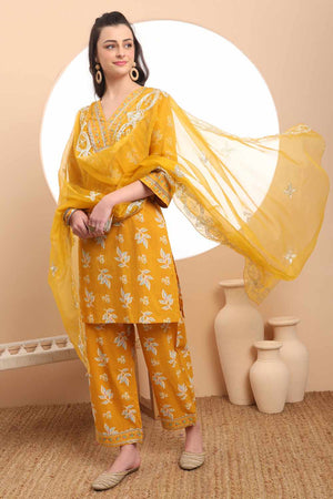 Mustard Floral Print Cotton Kurti Pant Set