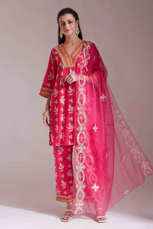 Pink Floral Printed Cotton Kurti Pant Set