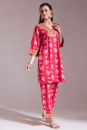 Pink Floral Printed Cotton Kurti Pant Set